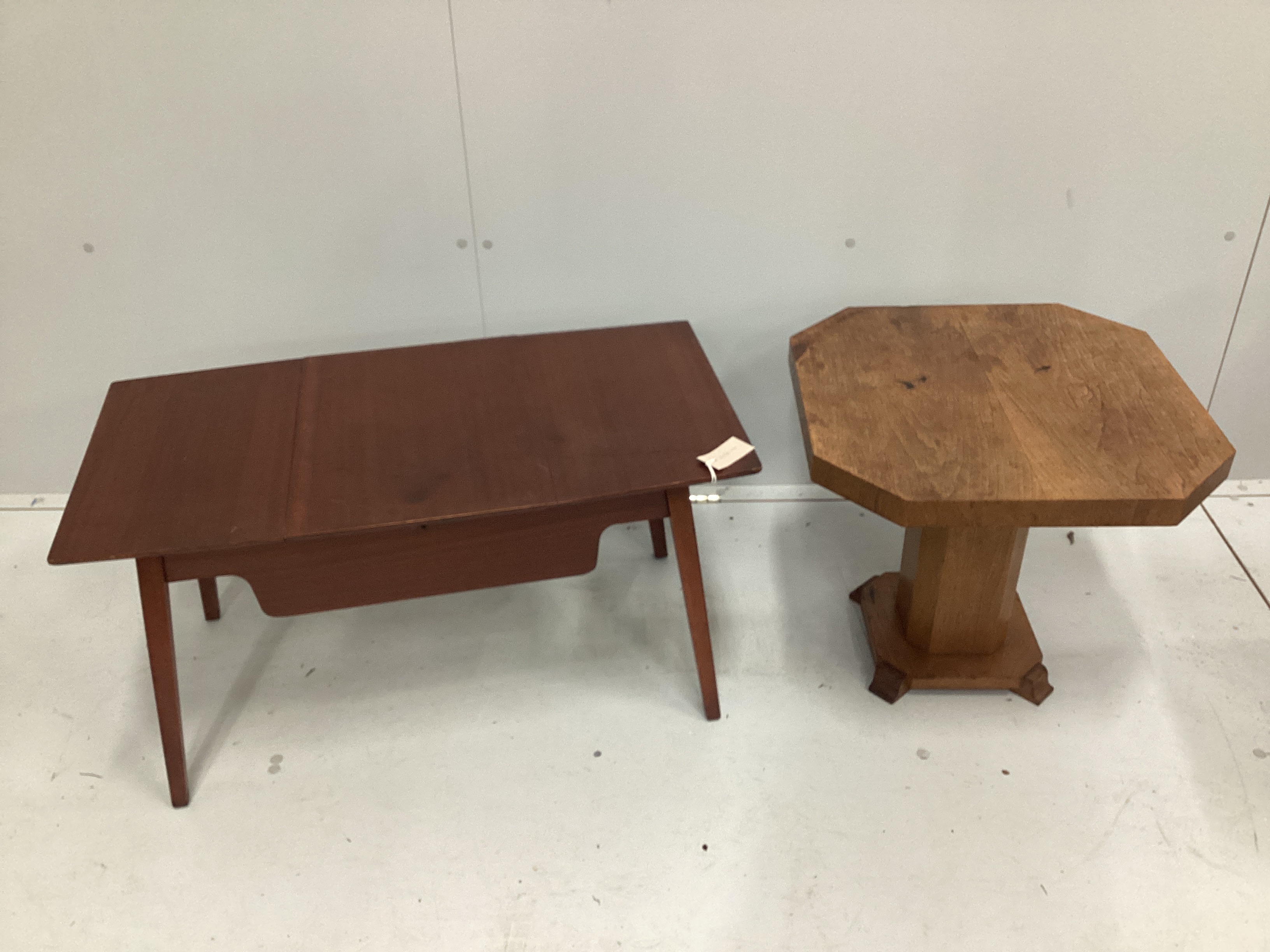 A mid century teak hinged top occasional table, width 80cm, depth 43cm, height 41cm, together with an Art Deco style octagonal oak occasional table